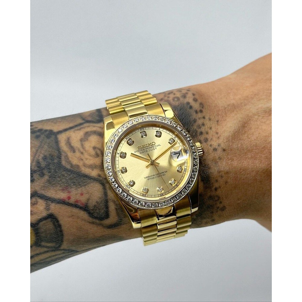 Custom Seiko Mod • Double Diamond Gold DateJust President • 36mm
